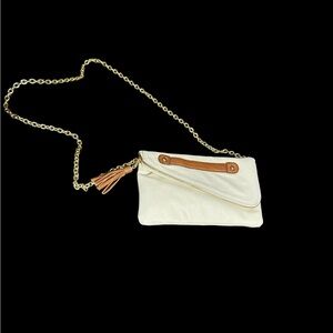 Aldo Cream Crossbody Clutch with Tan Accent and Gold Chain